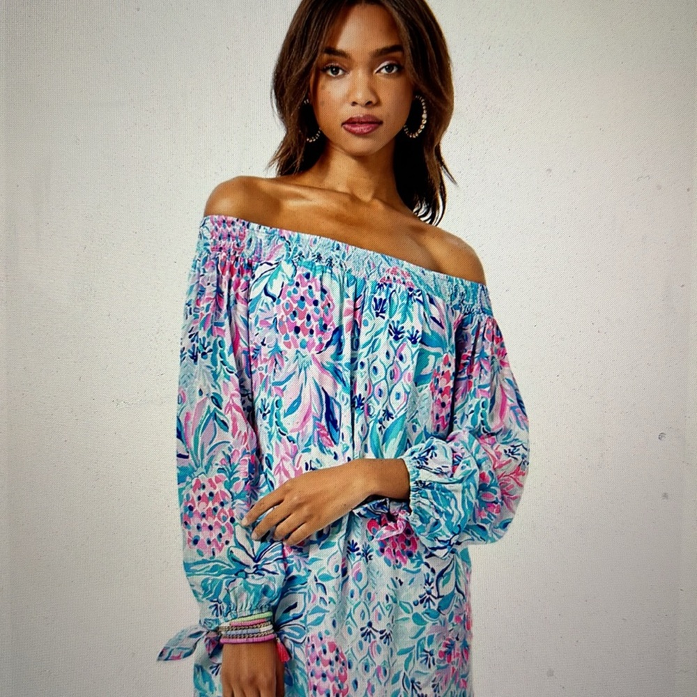 Lilly Pulitzer Maryellen Zanzibar Print 3/4 Sleeve Off the Shoulder Dress Sz XL